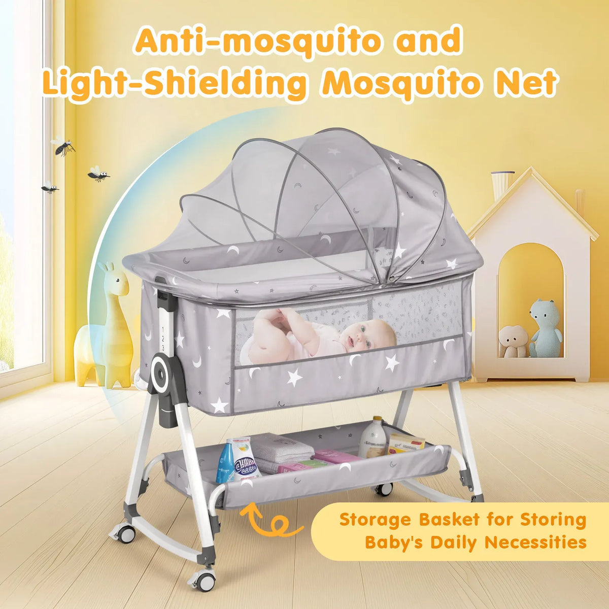 3-in-1 Grey Baby Bassinet Bedside Crib with Adjustable Height, Mosquito Net & Storage Basket