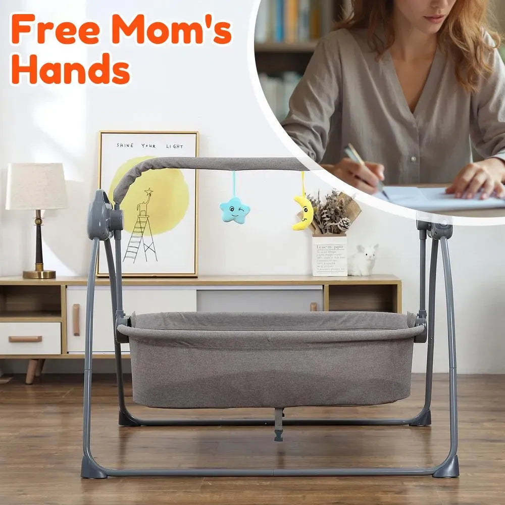 Electric Bassinet Crib Grey Baby Cradle with Lullabies and Remote Control