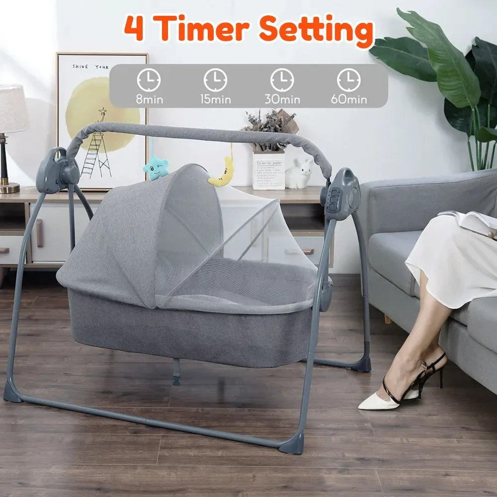 Electric Bassinet Crib Grey Baby Cradle with Lullabies and Remote Control