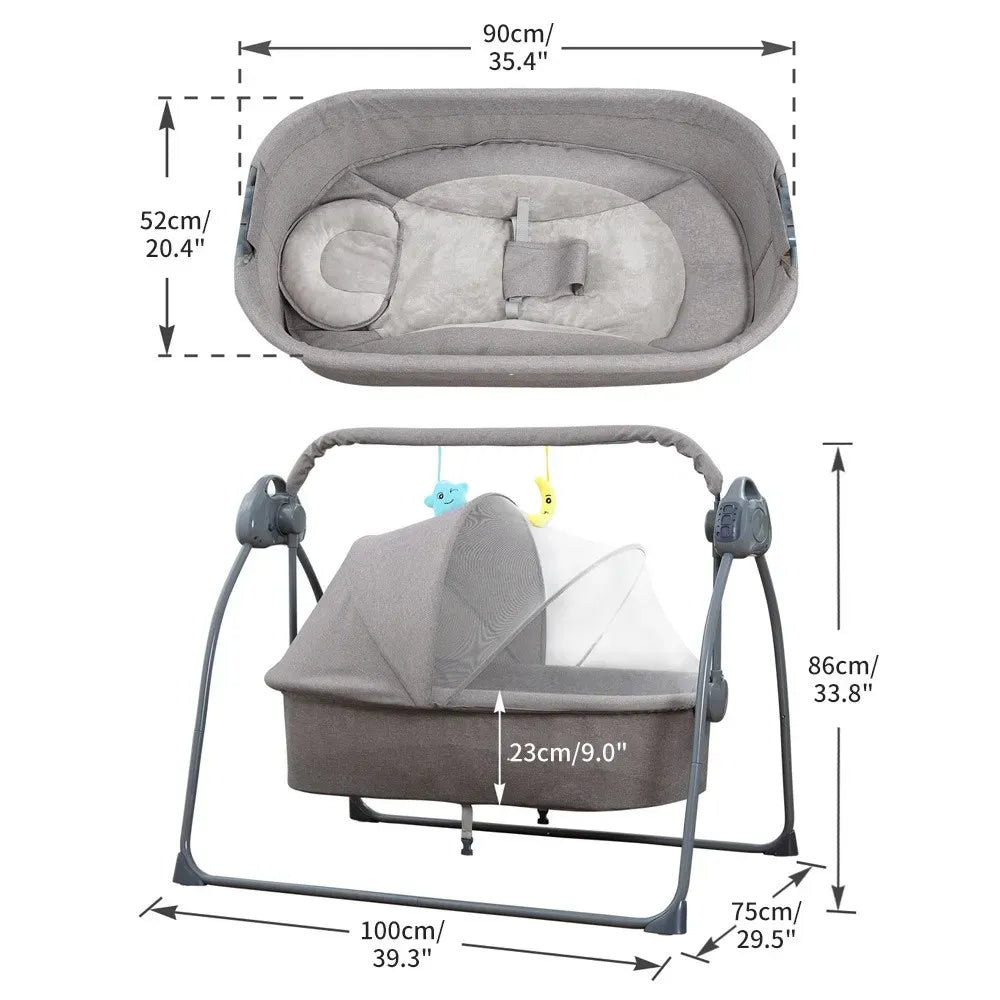 Electric Bassinet Crib Grey Baby Cradle with Lullabies and Remote Control