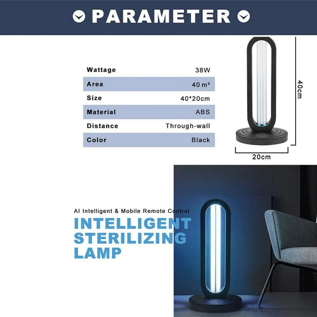 38W Black UVC UV Light Ozone Germicidal Lamp for Home and Office Disinfection