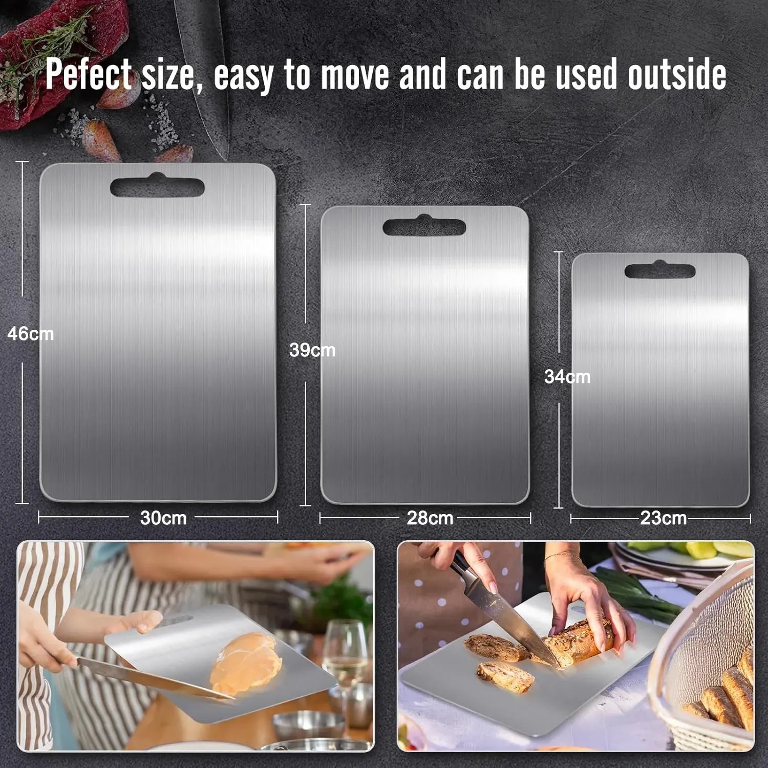 Double-Sided Titanium Cutting Board in Silver, 34x23cm