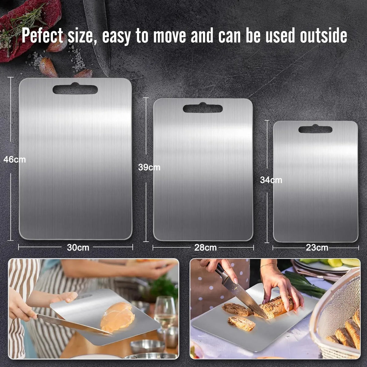 Double-Sided Titanium Cutting Board in Silver, 39x28cm for Kitchen and Camping