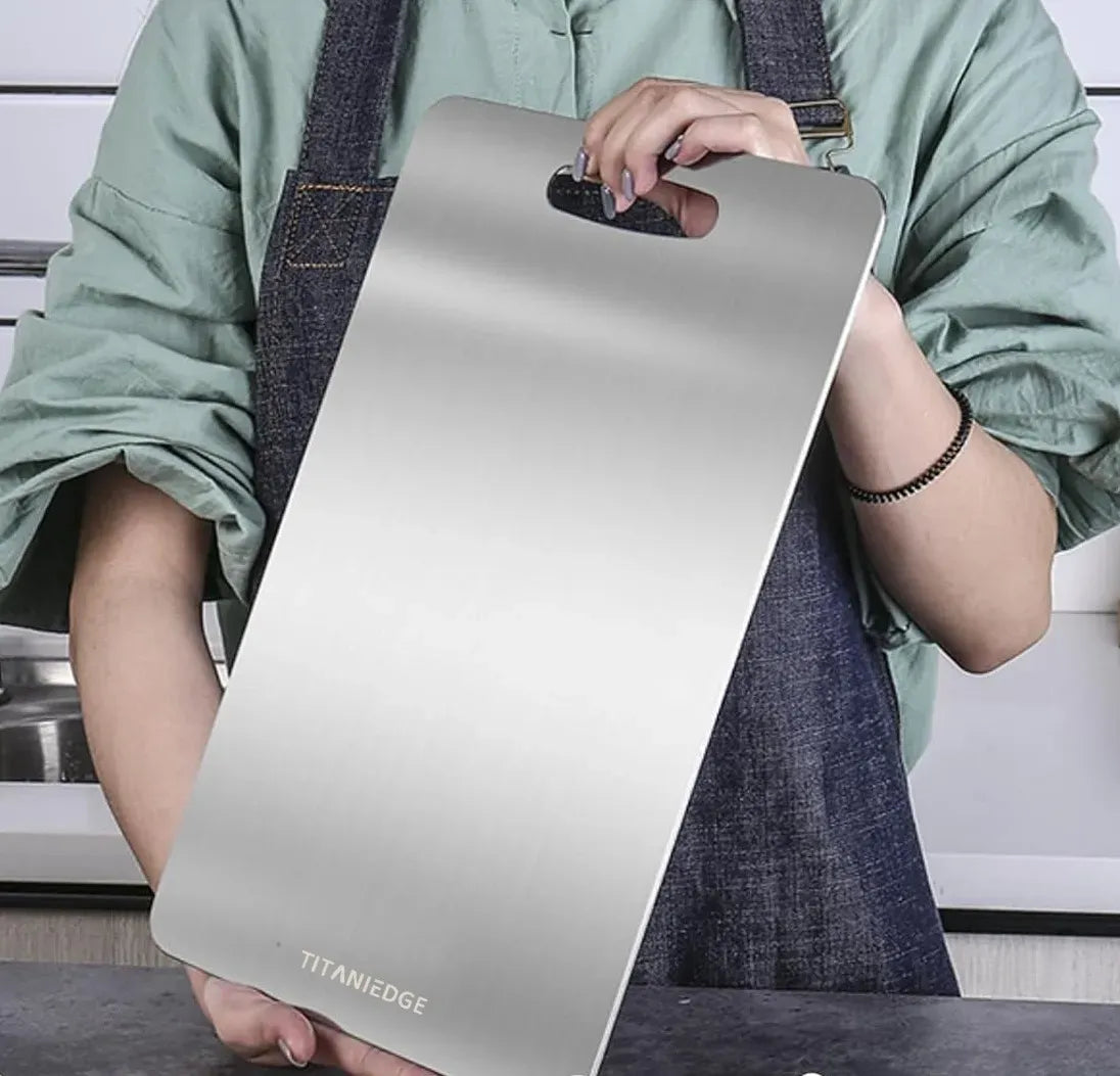 Double-Sided Titanium Cutting Board in Silver, 46x30cm, Ideal for Kitchen and Camping