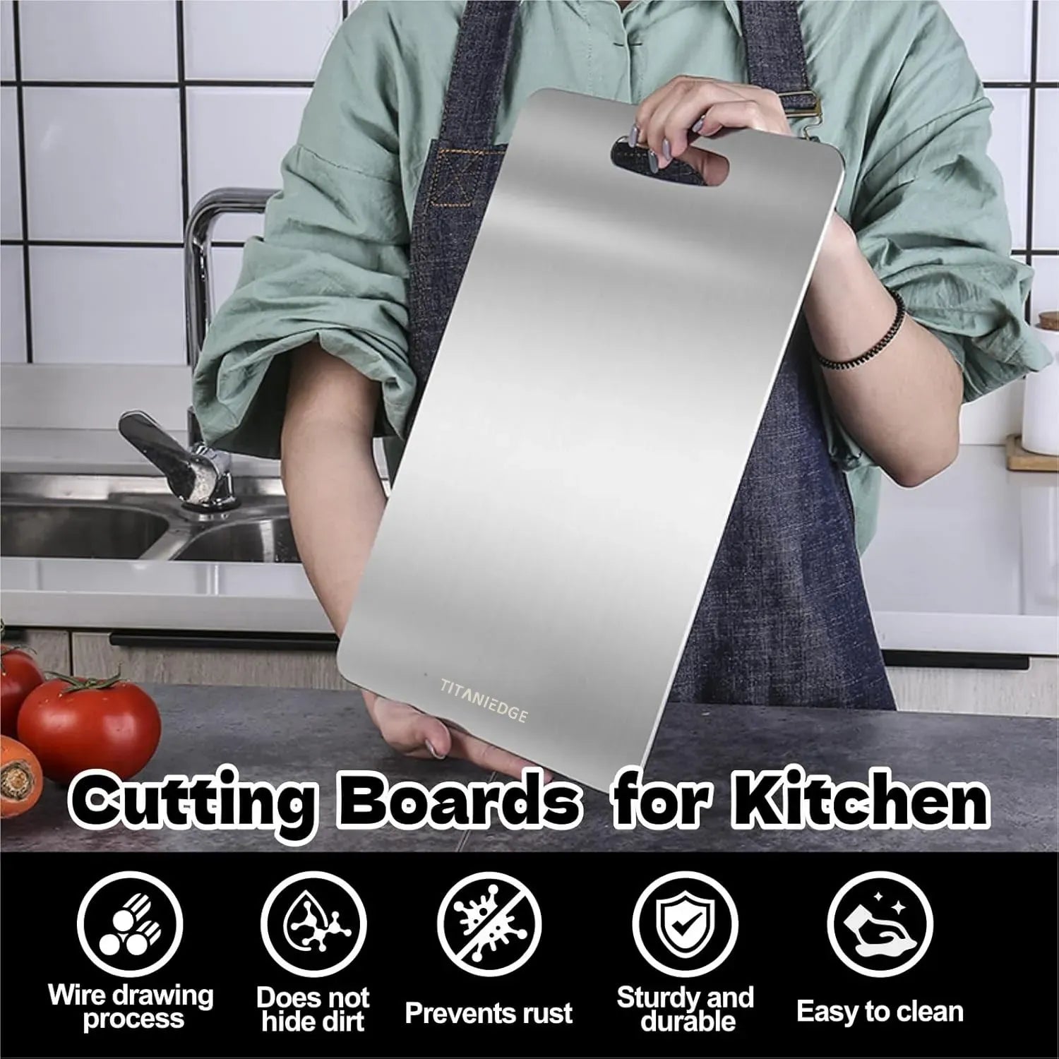 Double-Sided Titanium Cutting Board in Silver, 46x30cm, Ideal for Kitchen and Camping