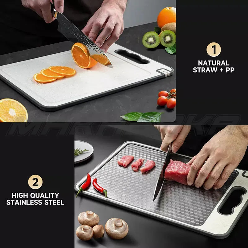 Titanium Double-Sided Cutting Board, 36.5x25cm, Silver, Stainless Steel for Kitchen and Camping