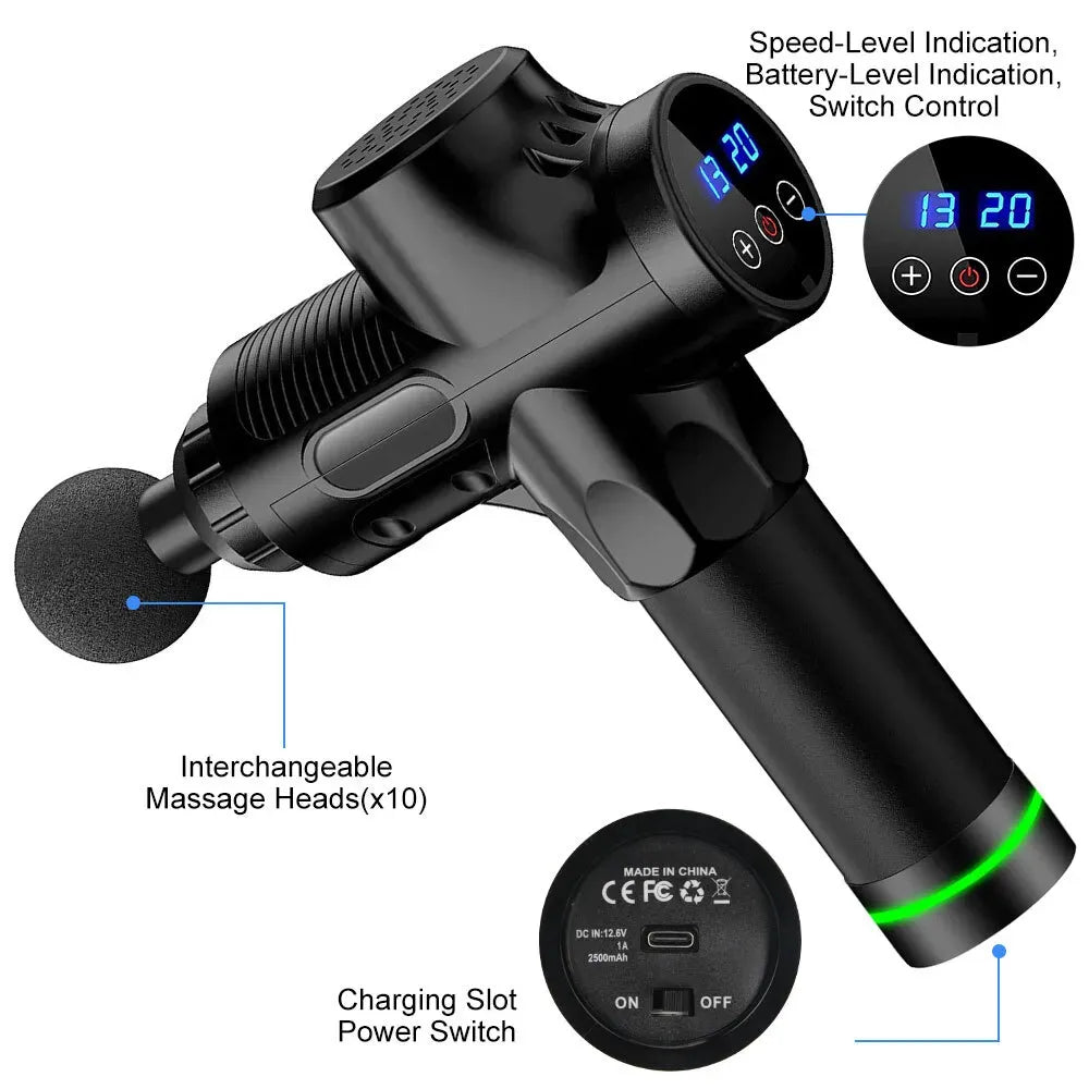 Deep Tissue Massage Gun Black with 10 Interchangeable Heads and 30 Adjustable Speeds