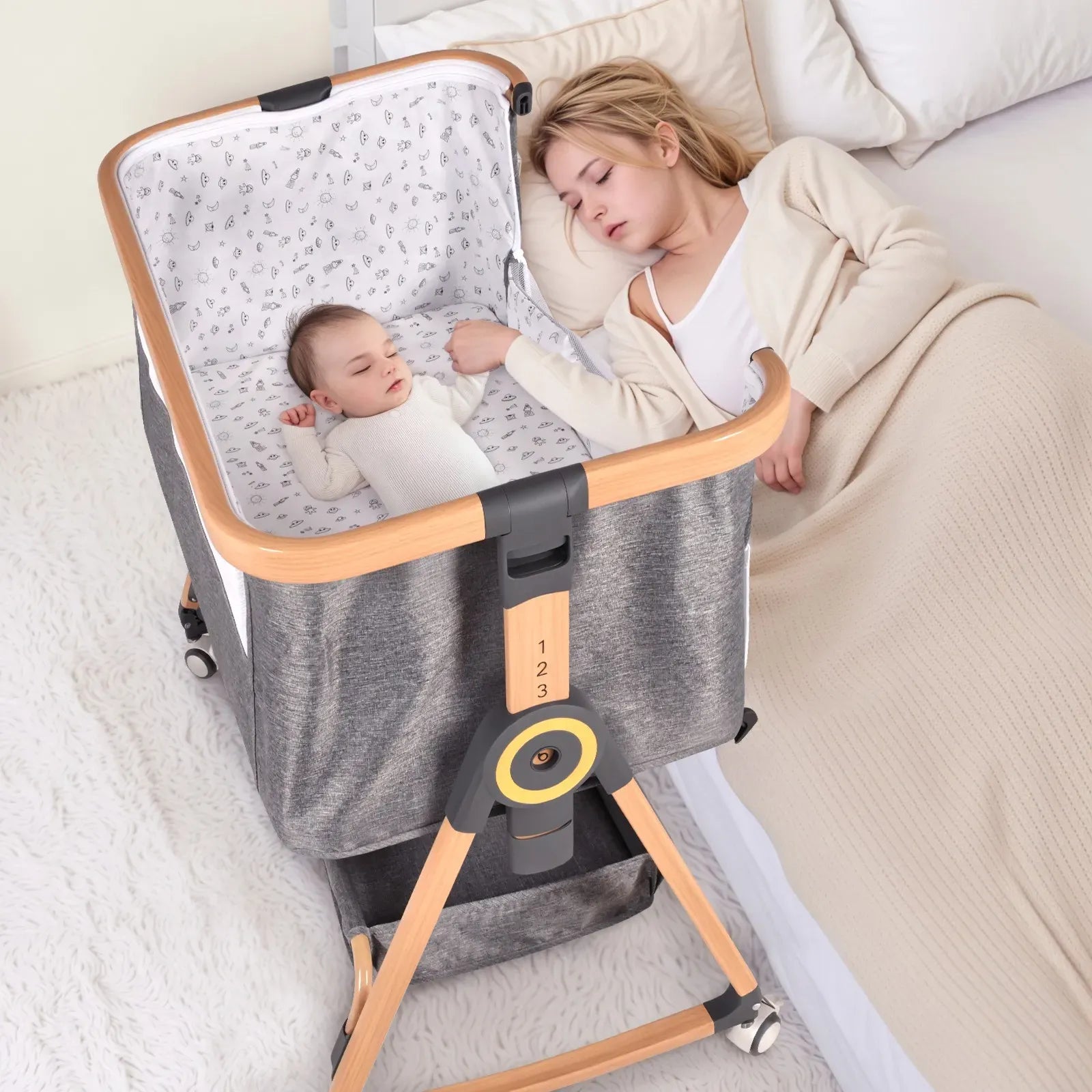 3 in 1 Grey Baby Bassinet Bedside Crib with Mattress, Adjustable Height and Storage Basket