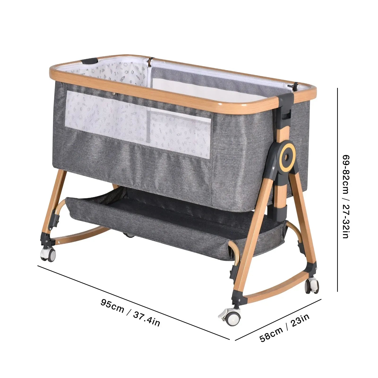 3 in 1 Grey Baby Bassinet Bedside Crib with Mattress, Adjustable Height and Storage Basket