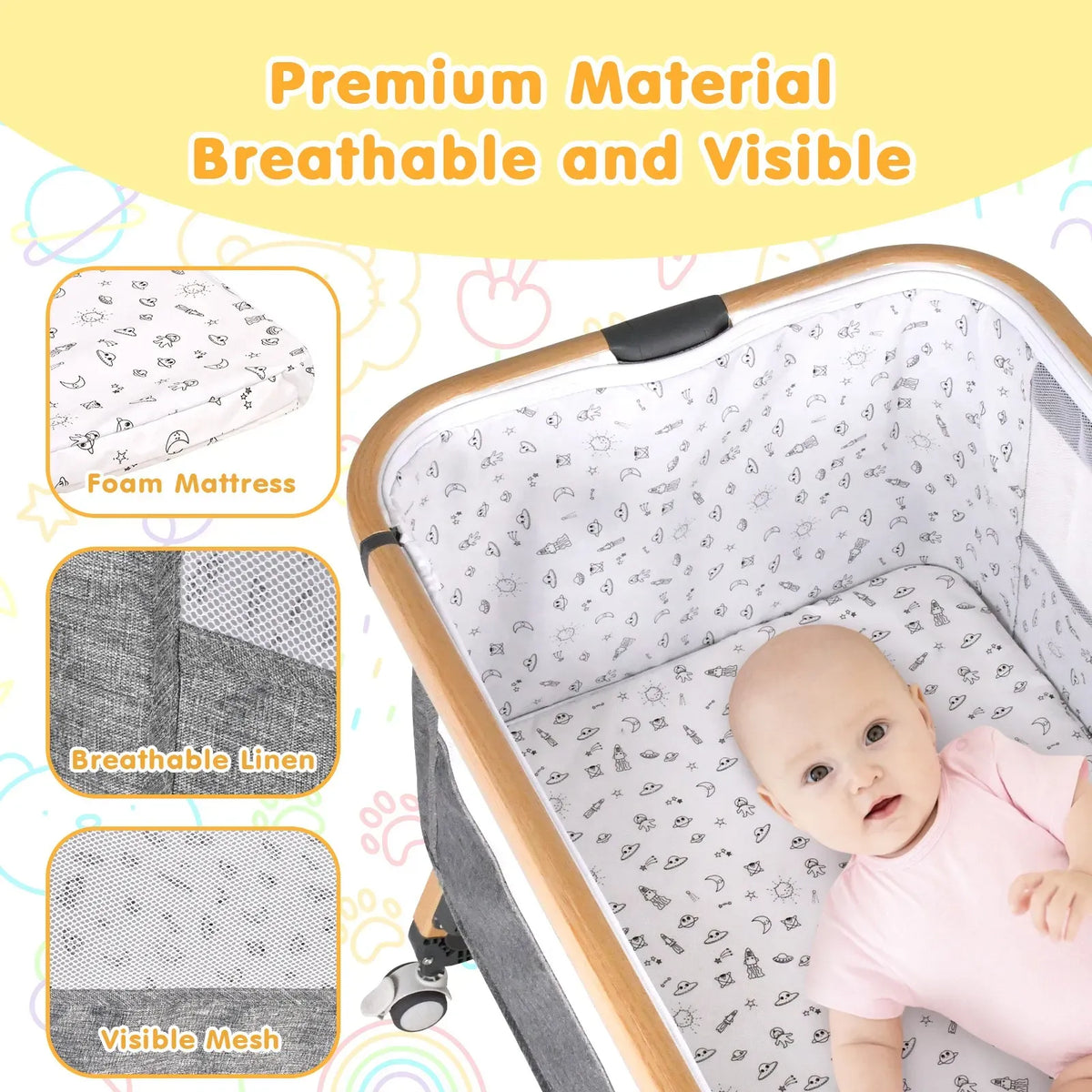 3 in 1 Grey Baby Bassinet Bedside Crib with Mattress, Adjustable Height and Storage Basket
