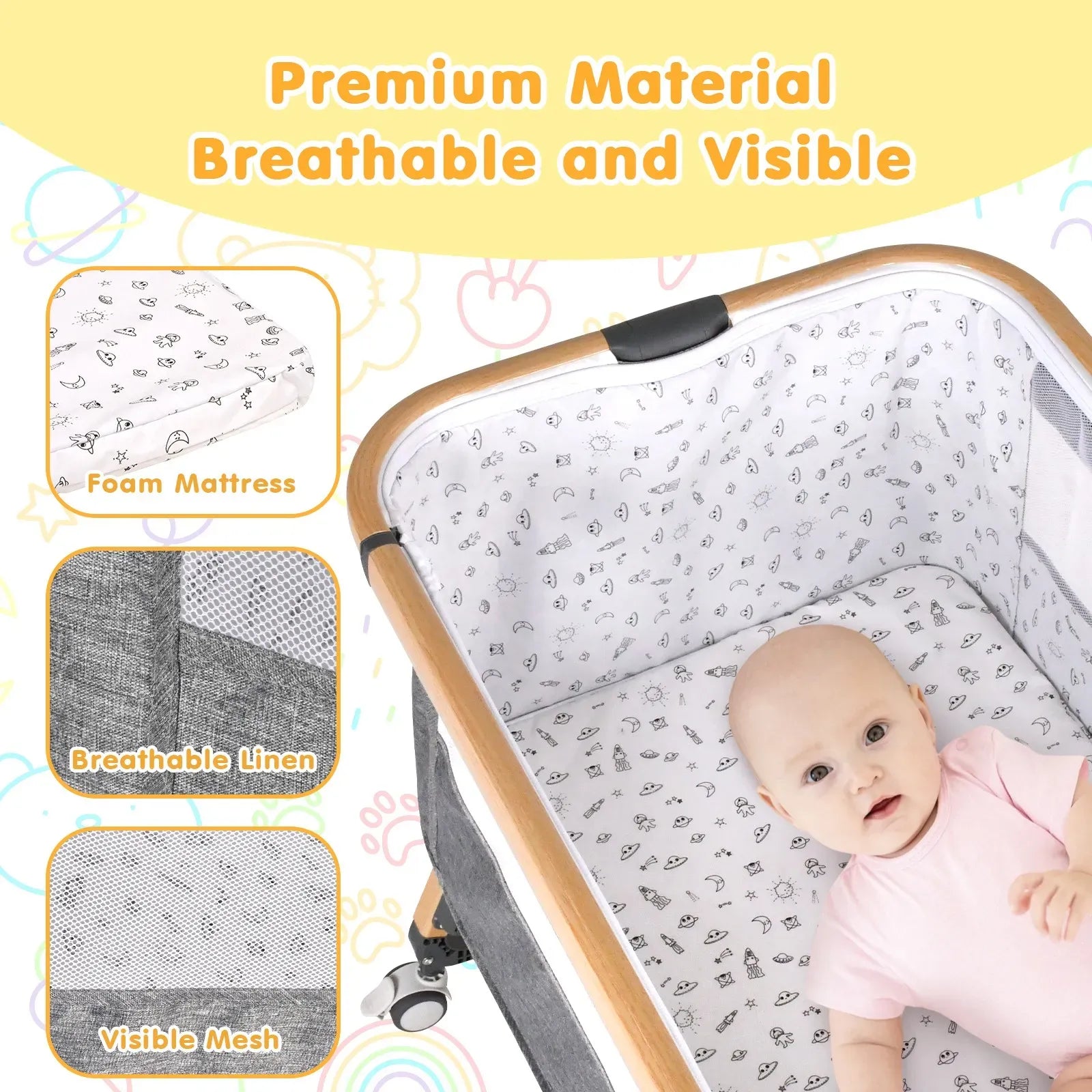 3 in 1 Grey Baby Bassinet Bedside Crib with Mattress, Adjustable Height and Storage Basket