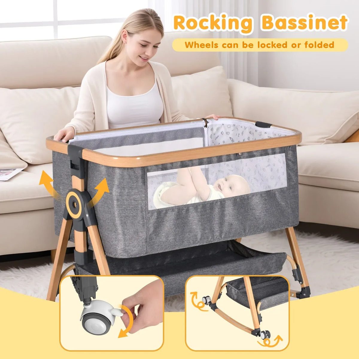 3 in 1 Grey Baby Bassinet Bedside Crib with Mattress, Adjustable Height and Storage Basket