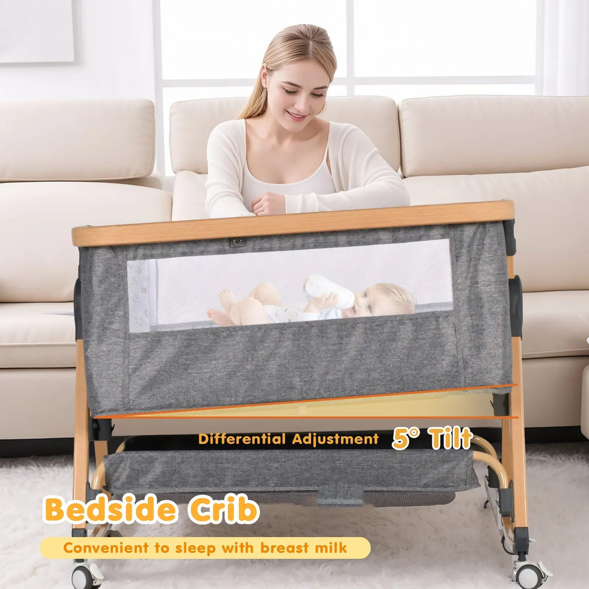 3 in 1 Grey Baby Bassinet Bedside Crib with Mattress, Adjustable Height and Storage Basket