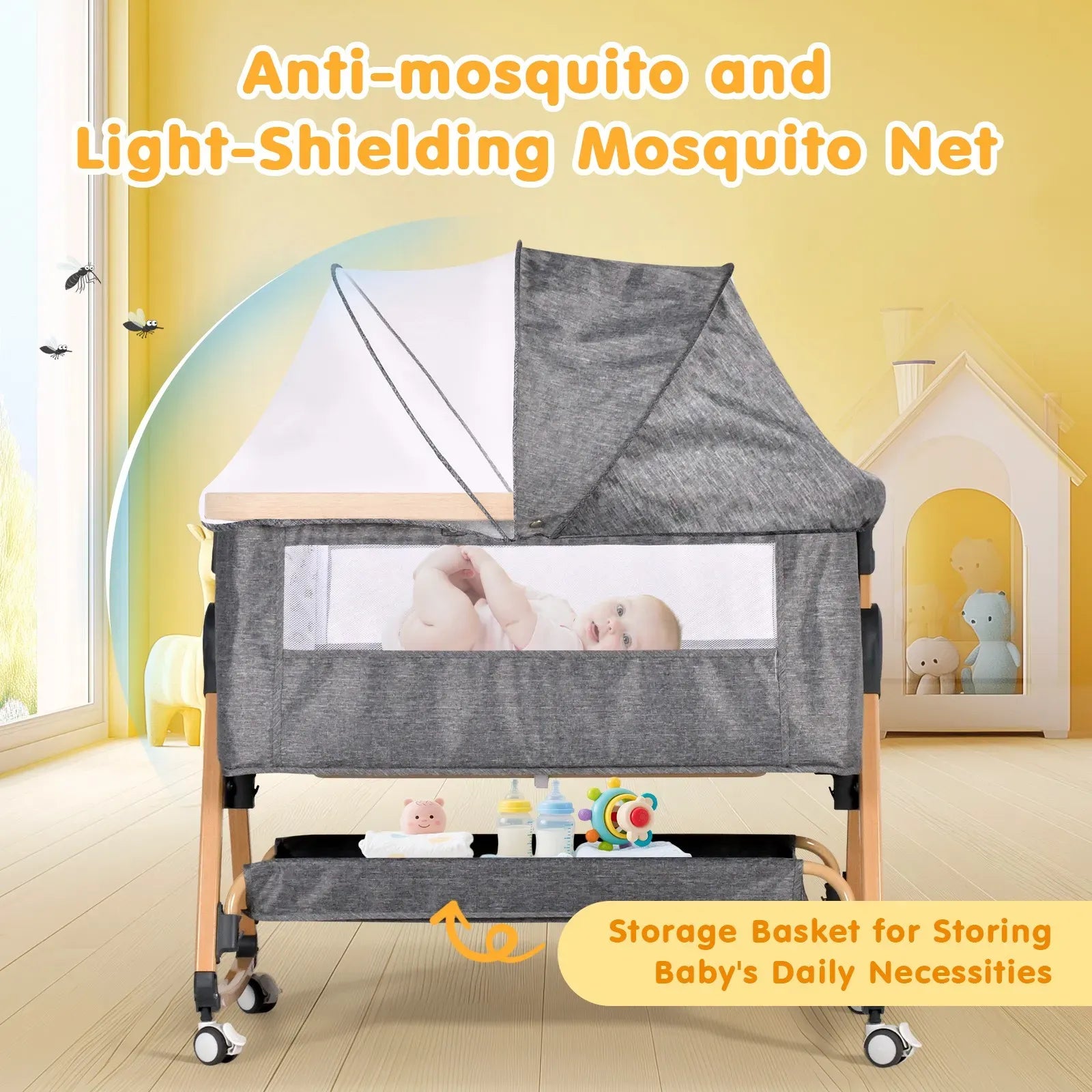 3 in 1 Grey Baby Bassinet Bedside Crib with Mattress, Adjustable Height and Storage Basket
