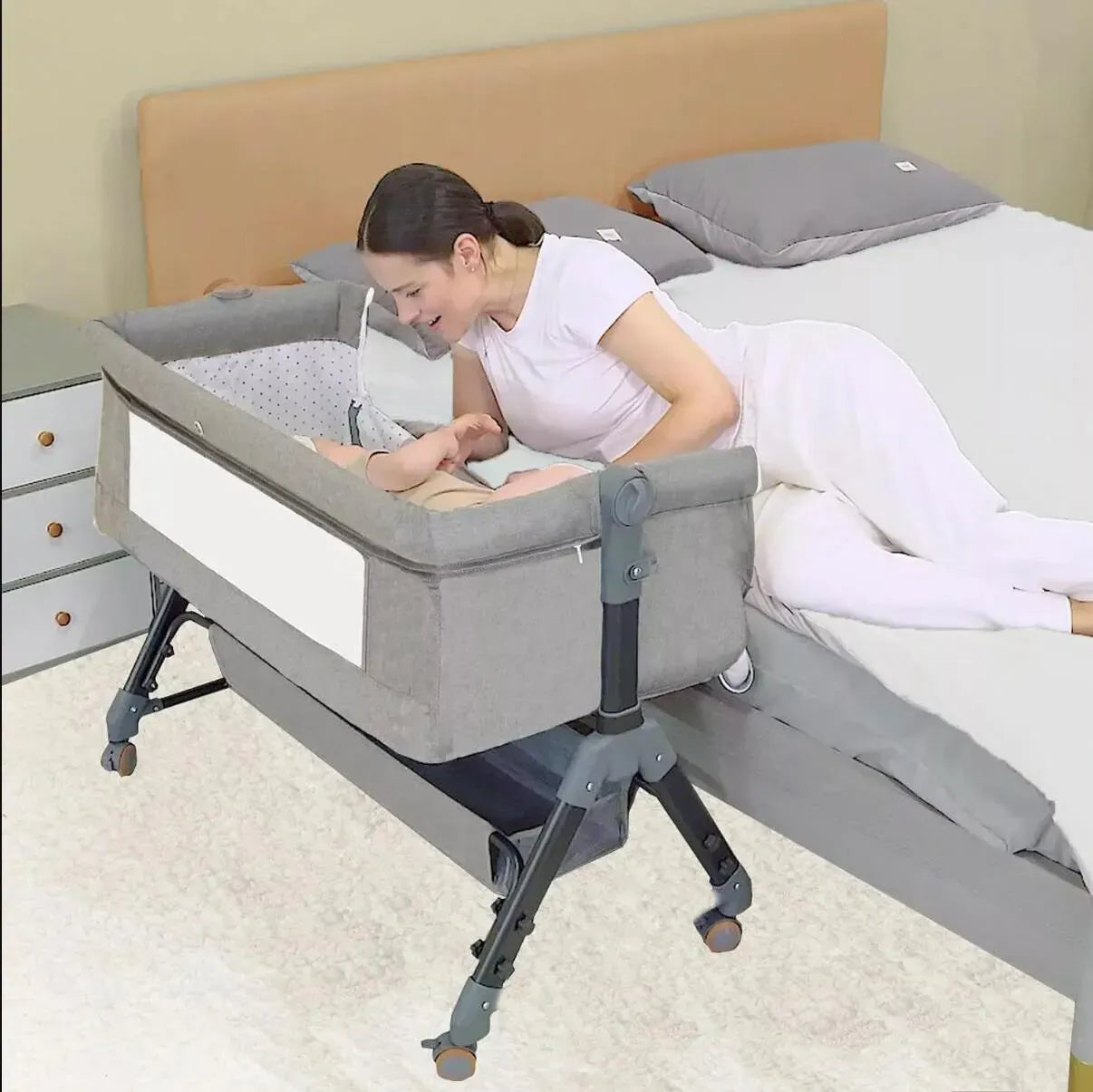 Portable Baby Bassinet Cot Crib Bedside Co Sleeper in Grey - 92x68x80CM