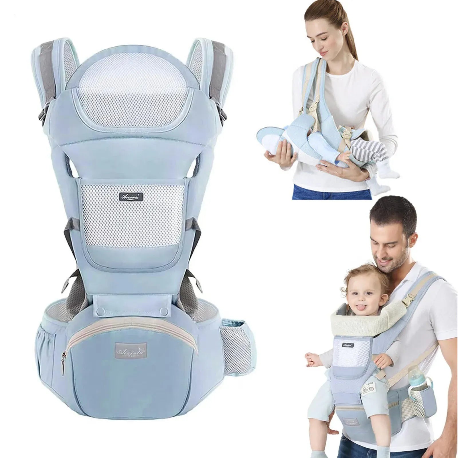 Blue 6 in 1 Adjustable Baby Carrier with Hip Seat in Light Green for Newborns and Toddlers (3-36 Months)