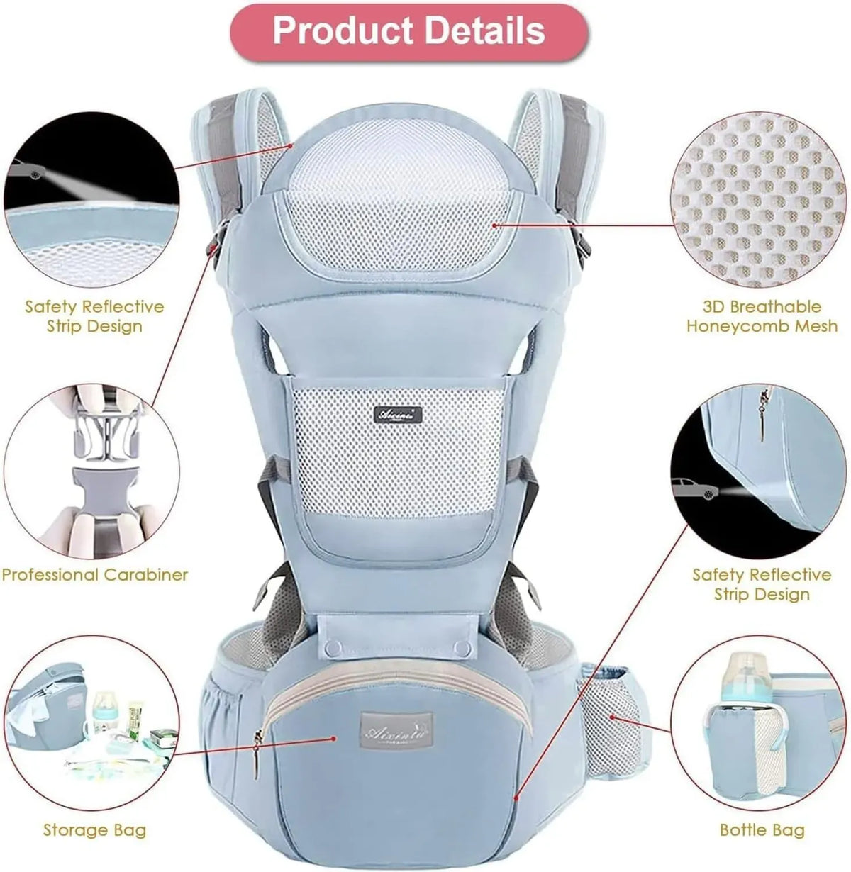 Blue 6 in 1 Adjustable Baby Carrier with Hip Seat in Light Green for Newborns and Toddlers (3-36 Months)