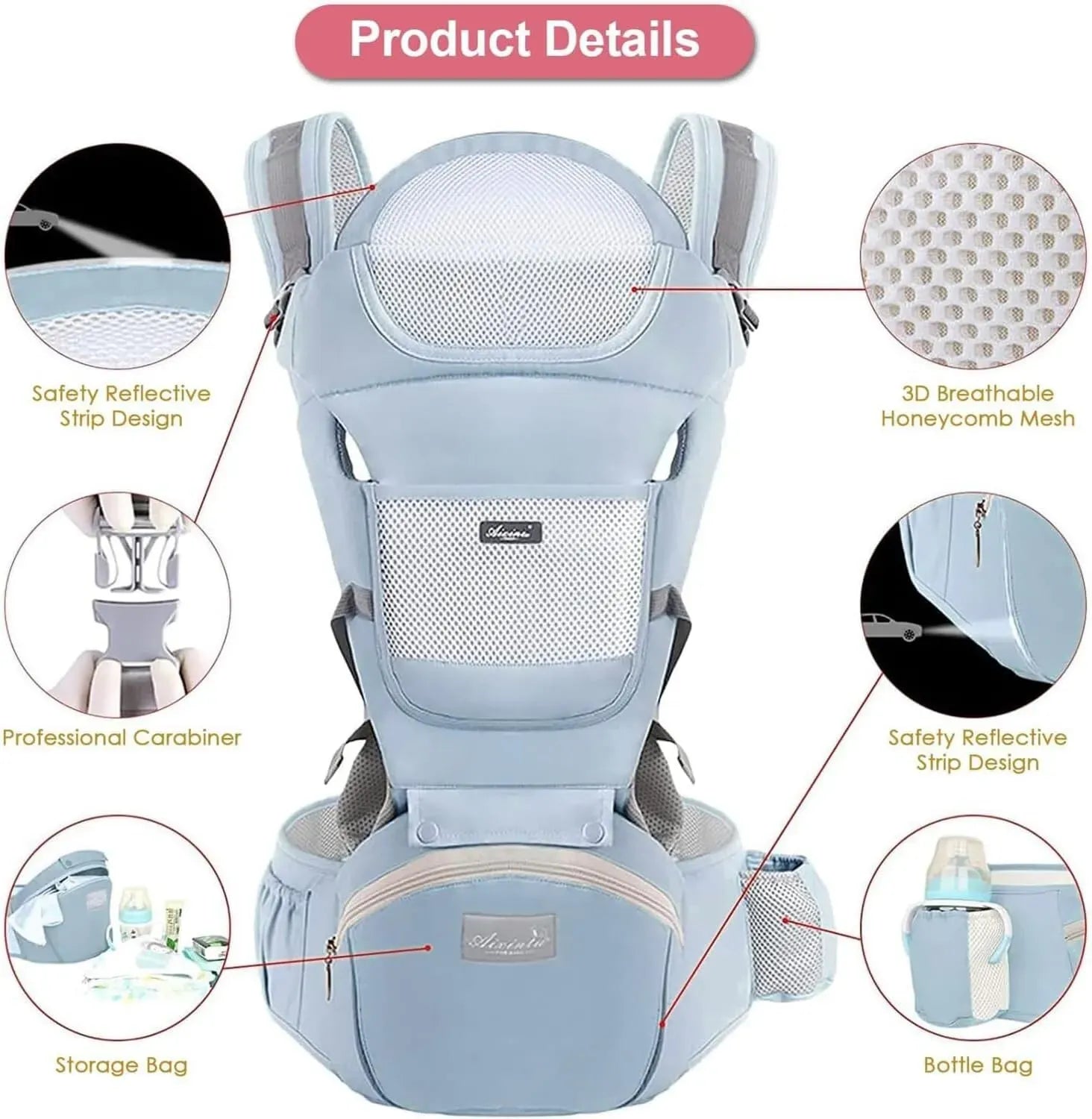 Blue 6 in 1 Adjustable Baby Carrier with Hip Seat in Light Green for Newborns and Toddlers (3-36 Months)