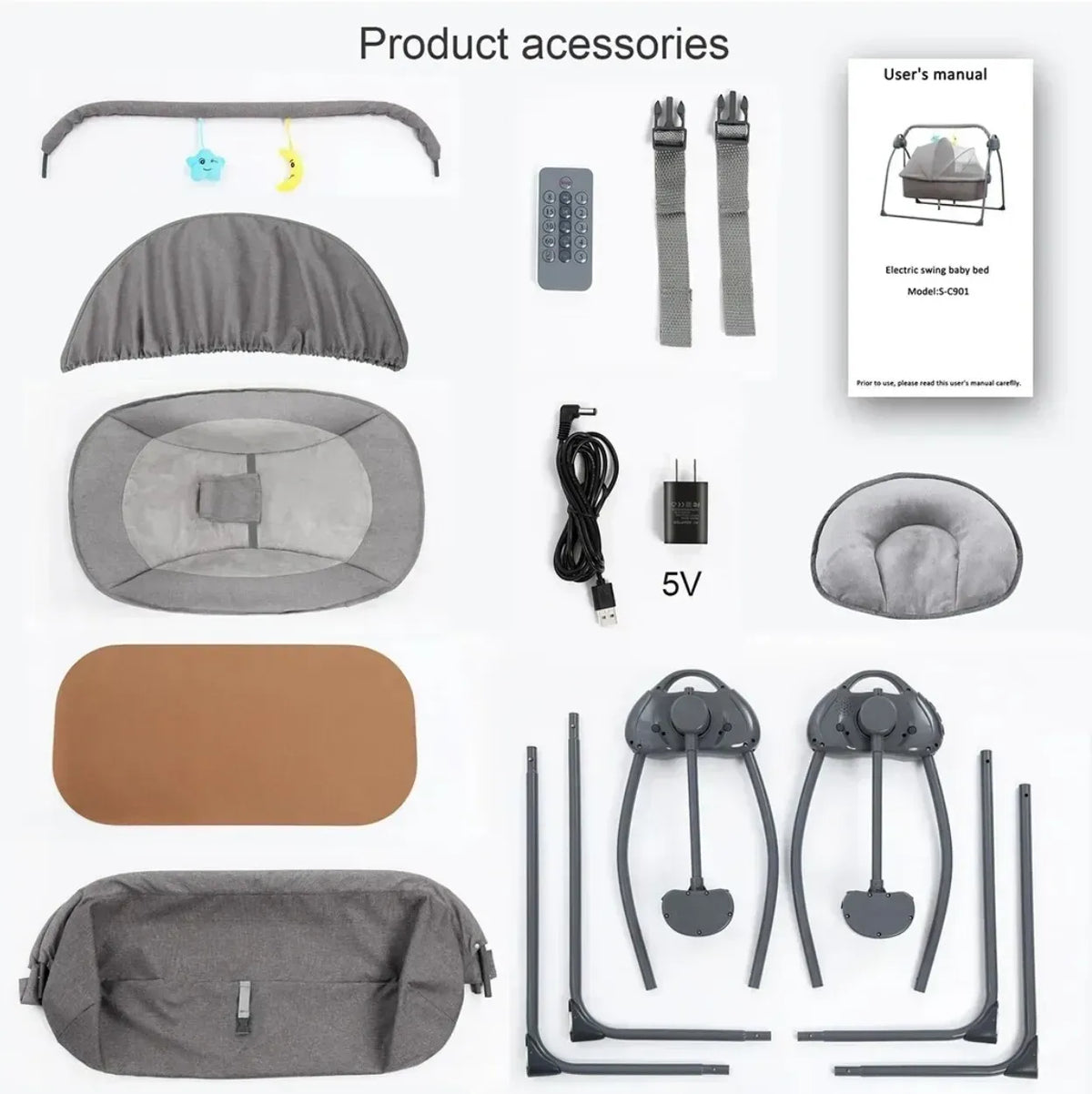 Auto-Swing Electric Baby Crib Cradle in Khaki with Bluetooth and 5 Adjustable Speeds