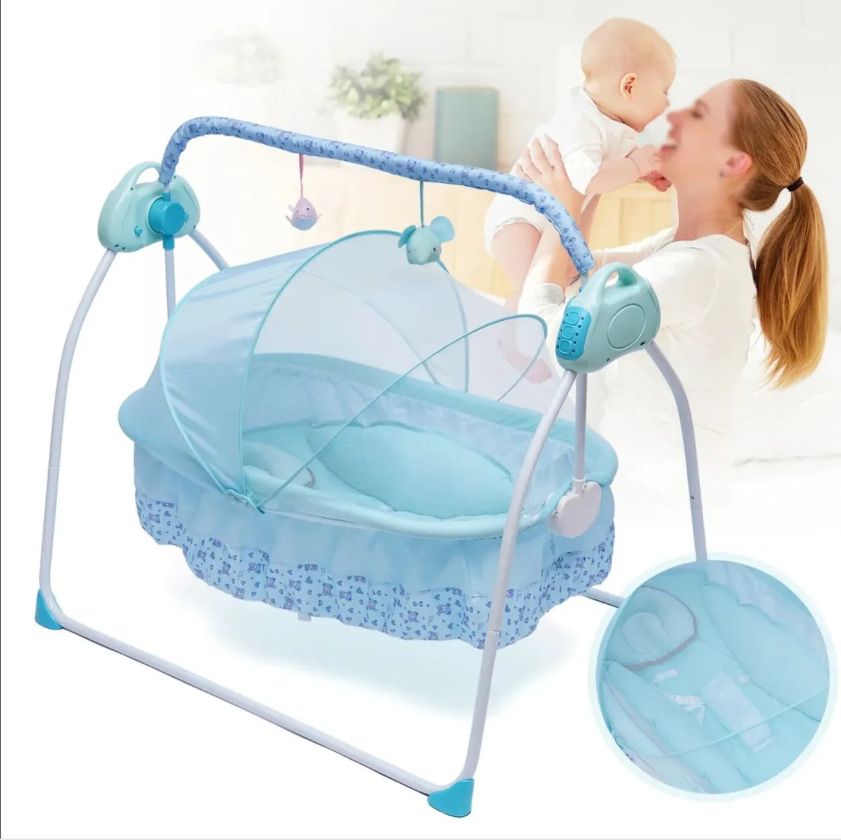 Auto-Swing Electric Baby Crib Cradle in Khaki with Bluetooth and 5 Adjustable Speeds