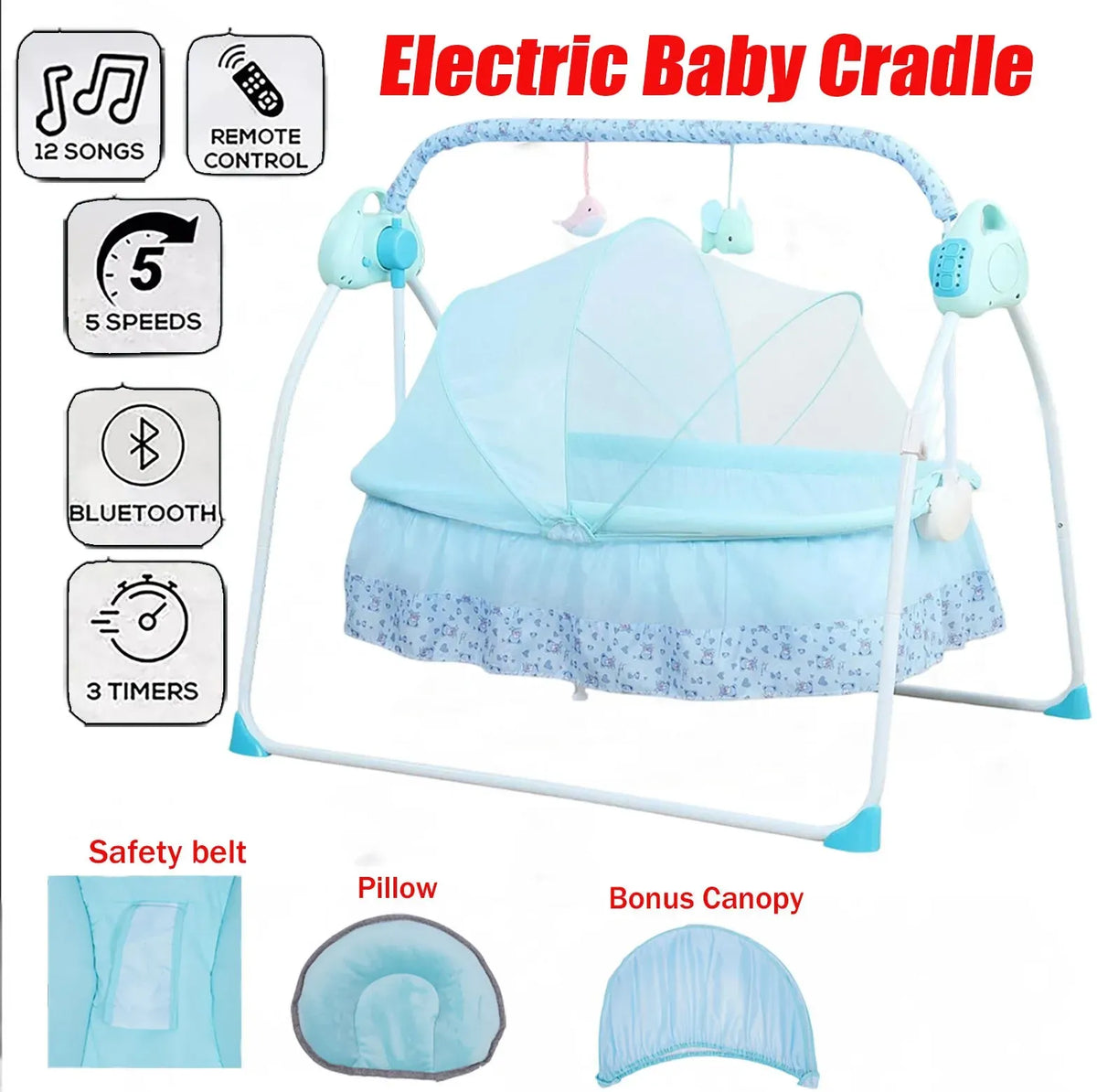 Auto-Swing Electric Baby Crib Cradle in Khaki with Bluetooth and 5 Adjustable Speeds