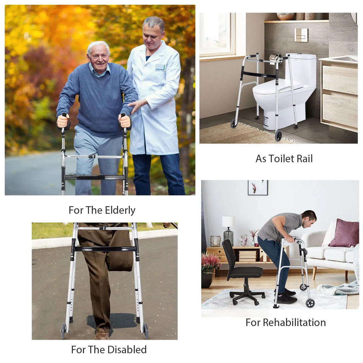 Height Adjustable Folding Medical Walking Frame in Black Aluminium Alloy - Straight