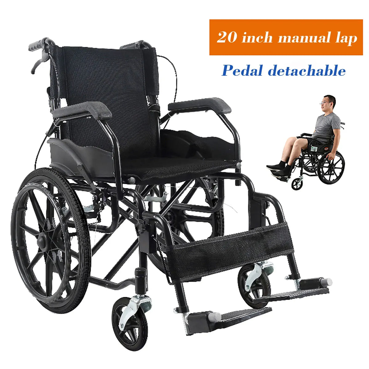 Black Wheelchair 20" Black Lightweight Self-Propelled Folding Wheelchair for Travel