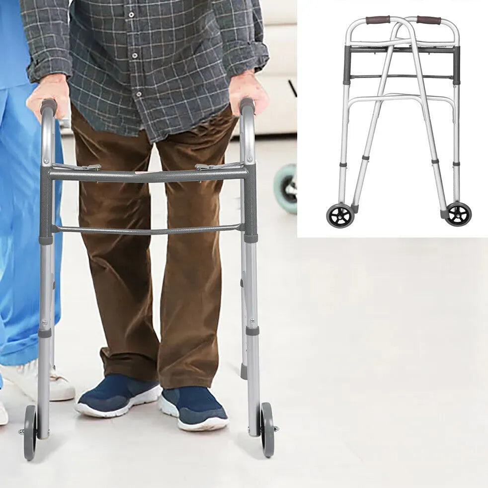 Adjustable Folding Walker Frame with Wheels, Silver Aluminium, 75-92CM Height