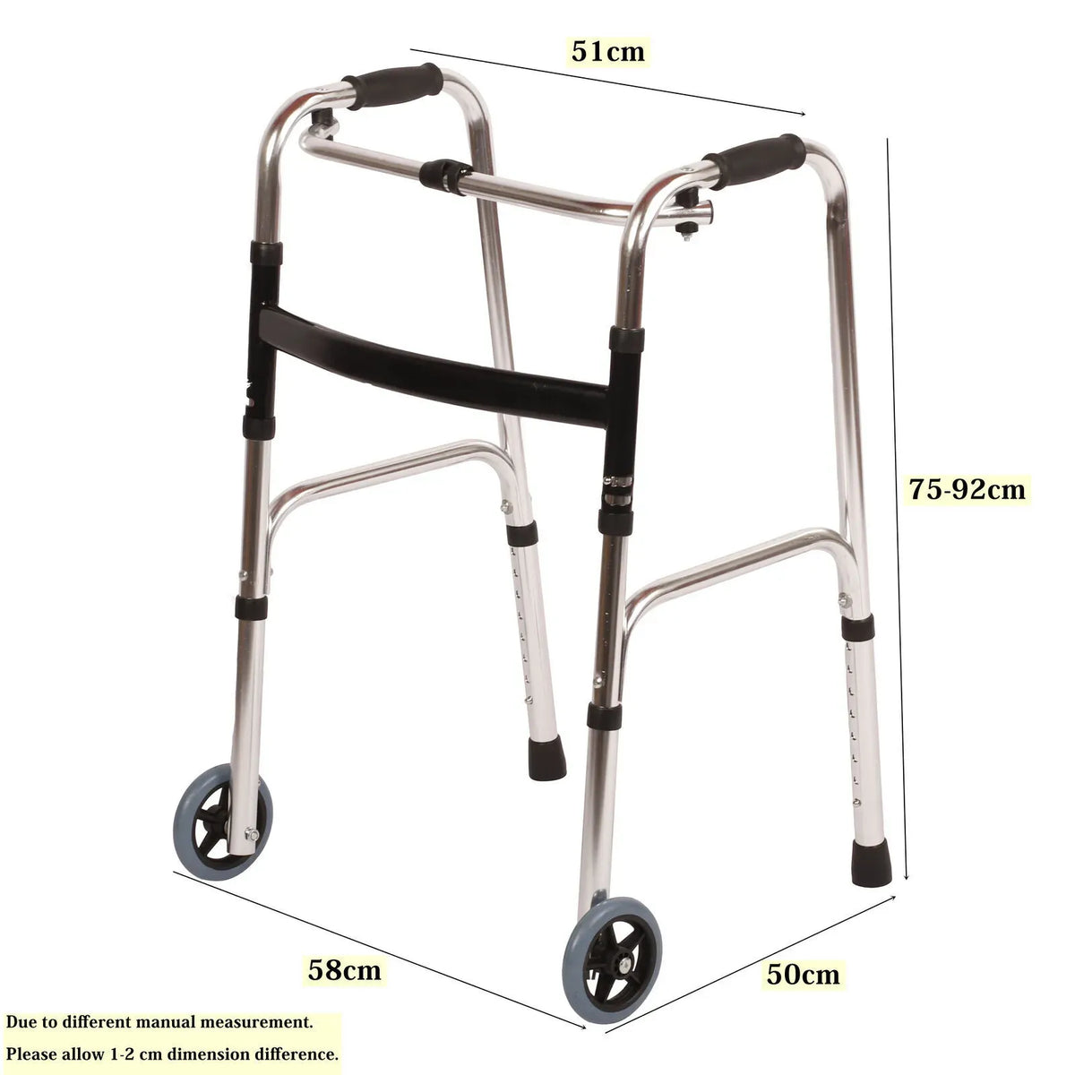 Adjustable Folding Walker Frame with Wheels, Silver Aluminium, 75-92CM Height