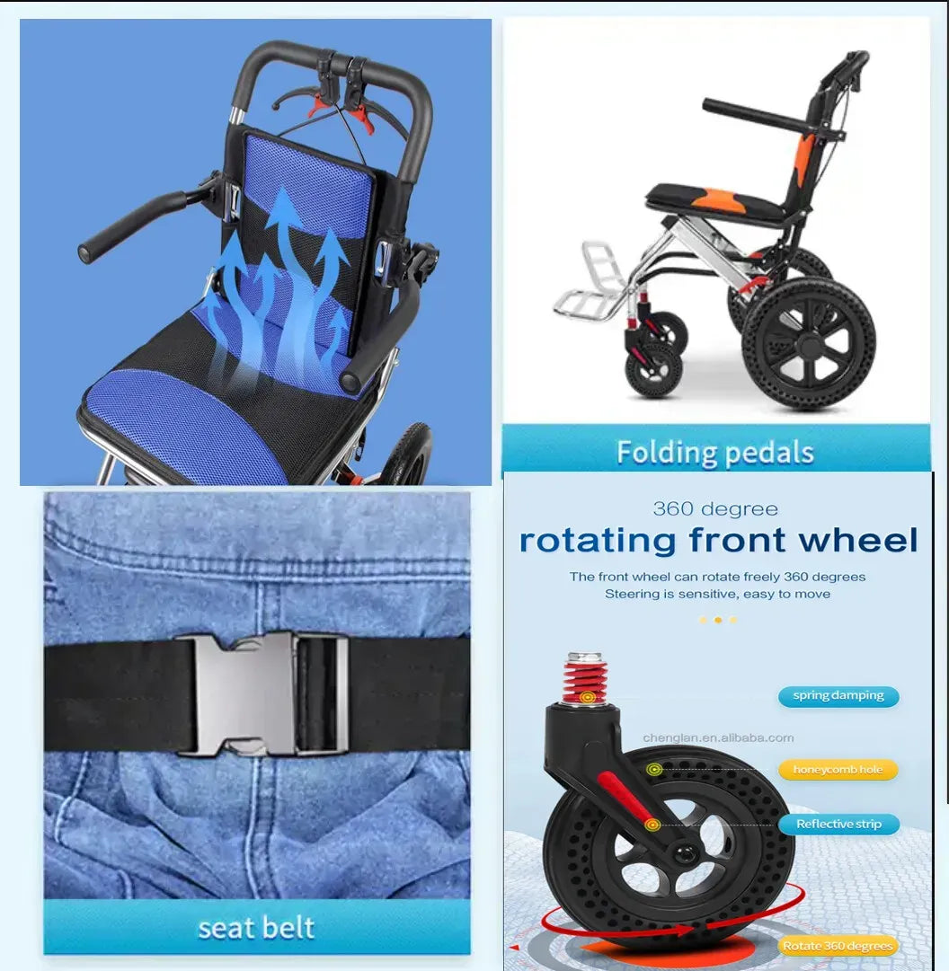 Portable Foldable Manual Wheelchair in Blue - Lightweight Travel Design for Easy Transport