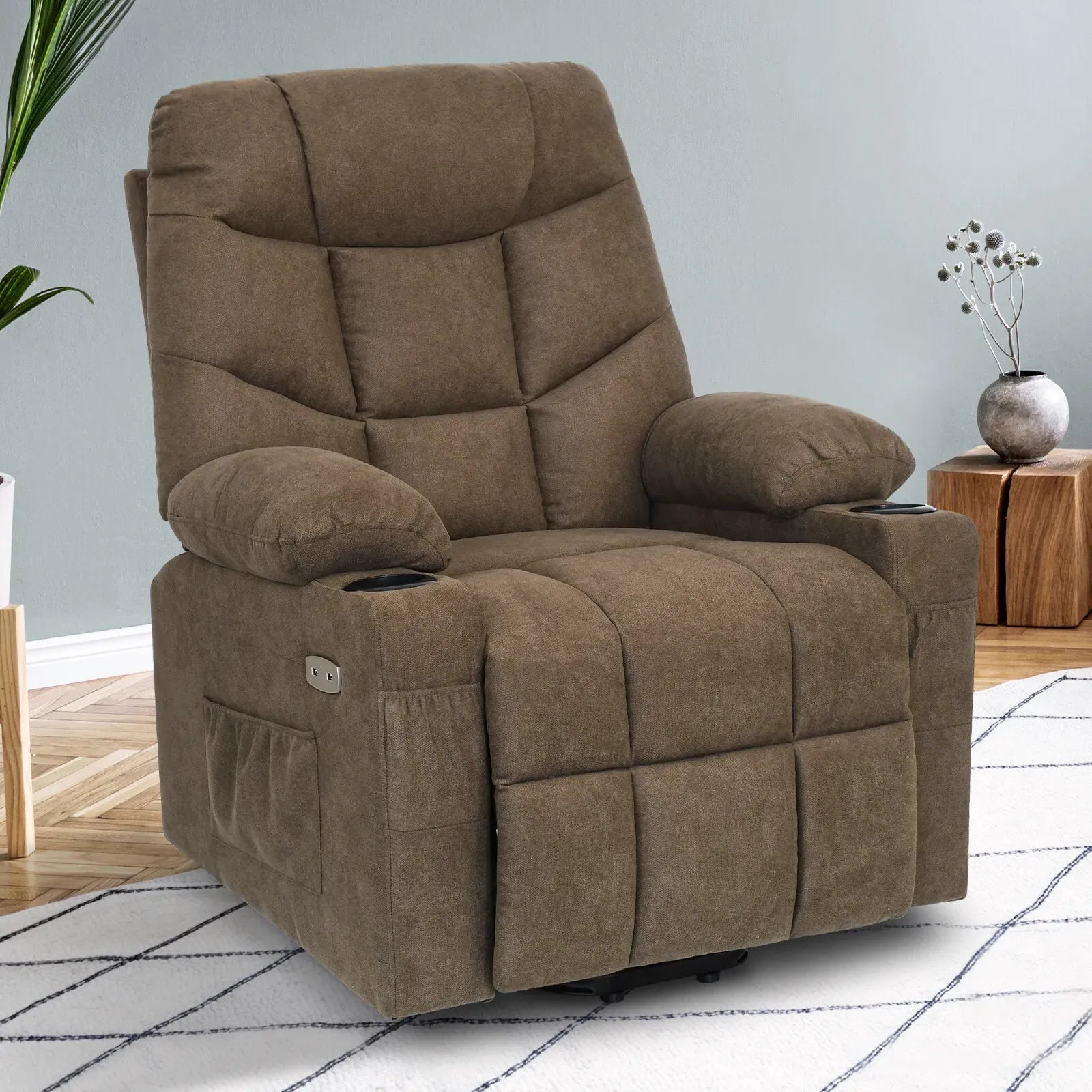 Electric Massage Recliner Chair in Brown with Heated Vibration and Lift Function, 108x100x85cm