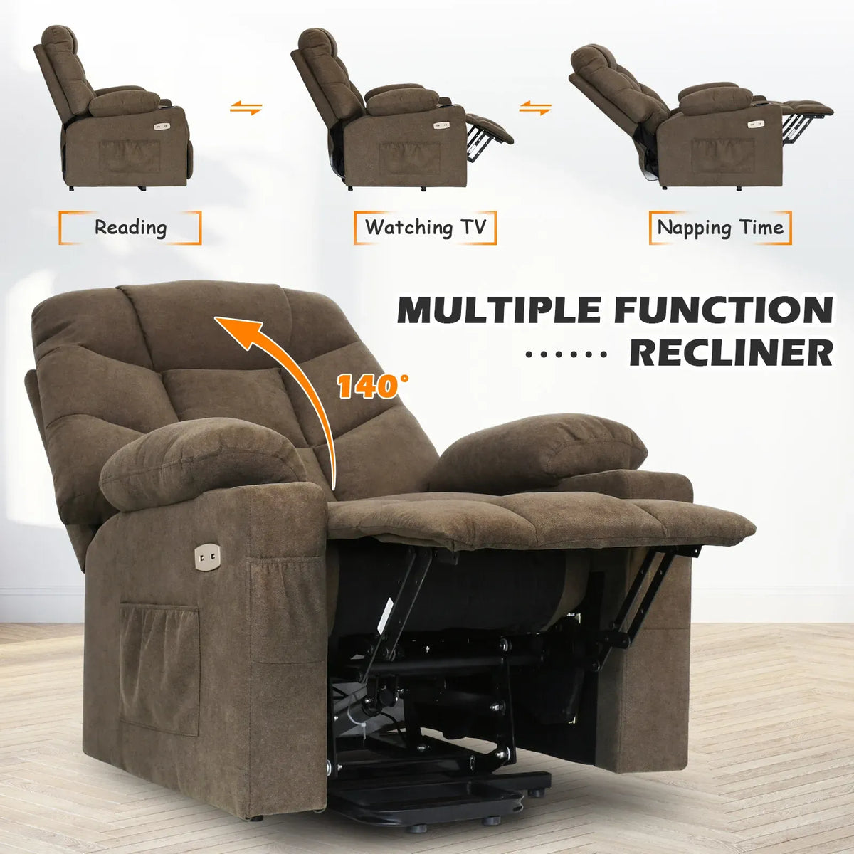Electric Massage Recliner Chair in Brown with Heated Vibration and Lift Function, 108x100x85cm