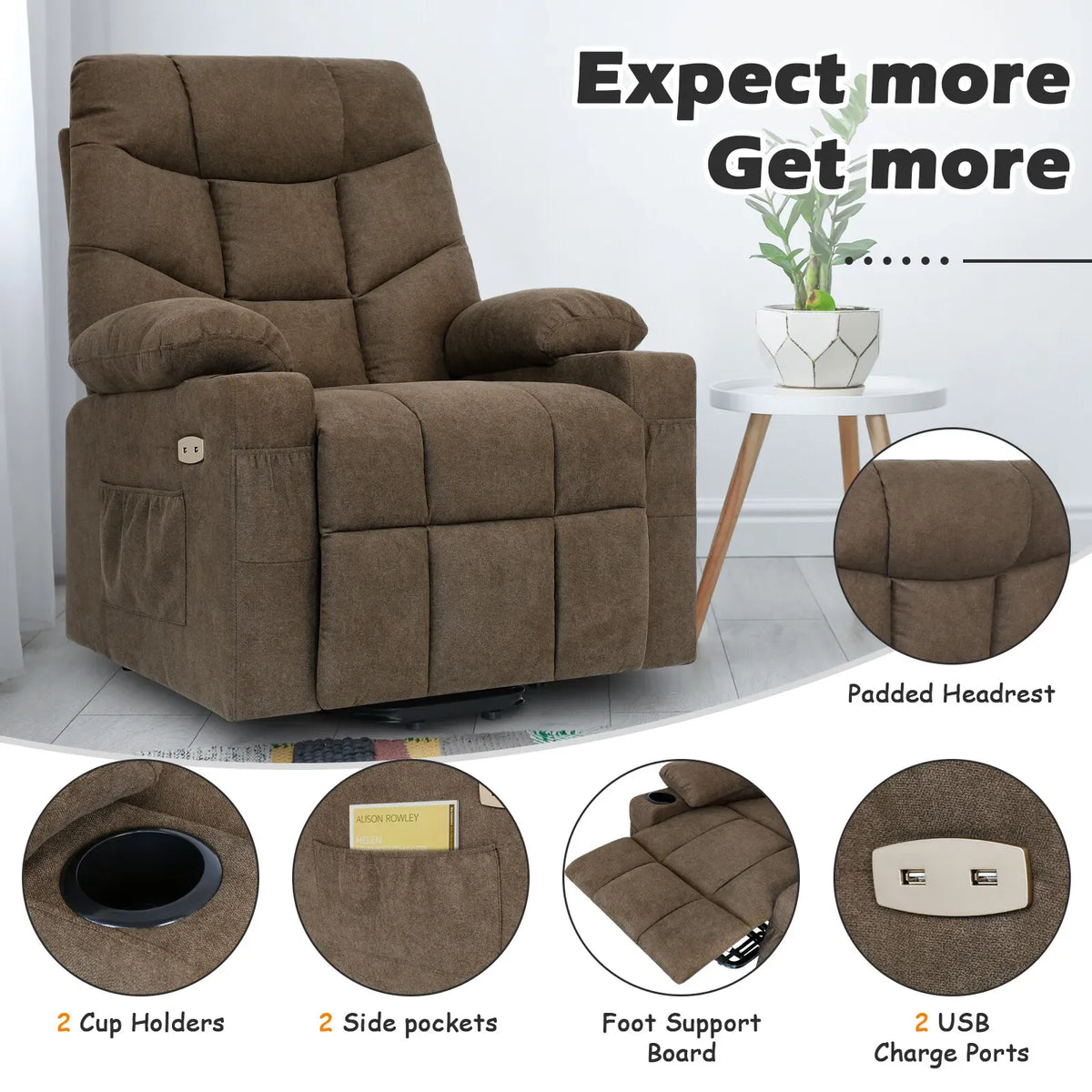 Electric Massage Recliner Chair in Brown with Heated Vibration and Lift Function, 108x100x85cm