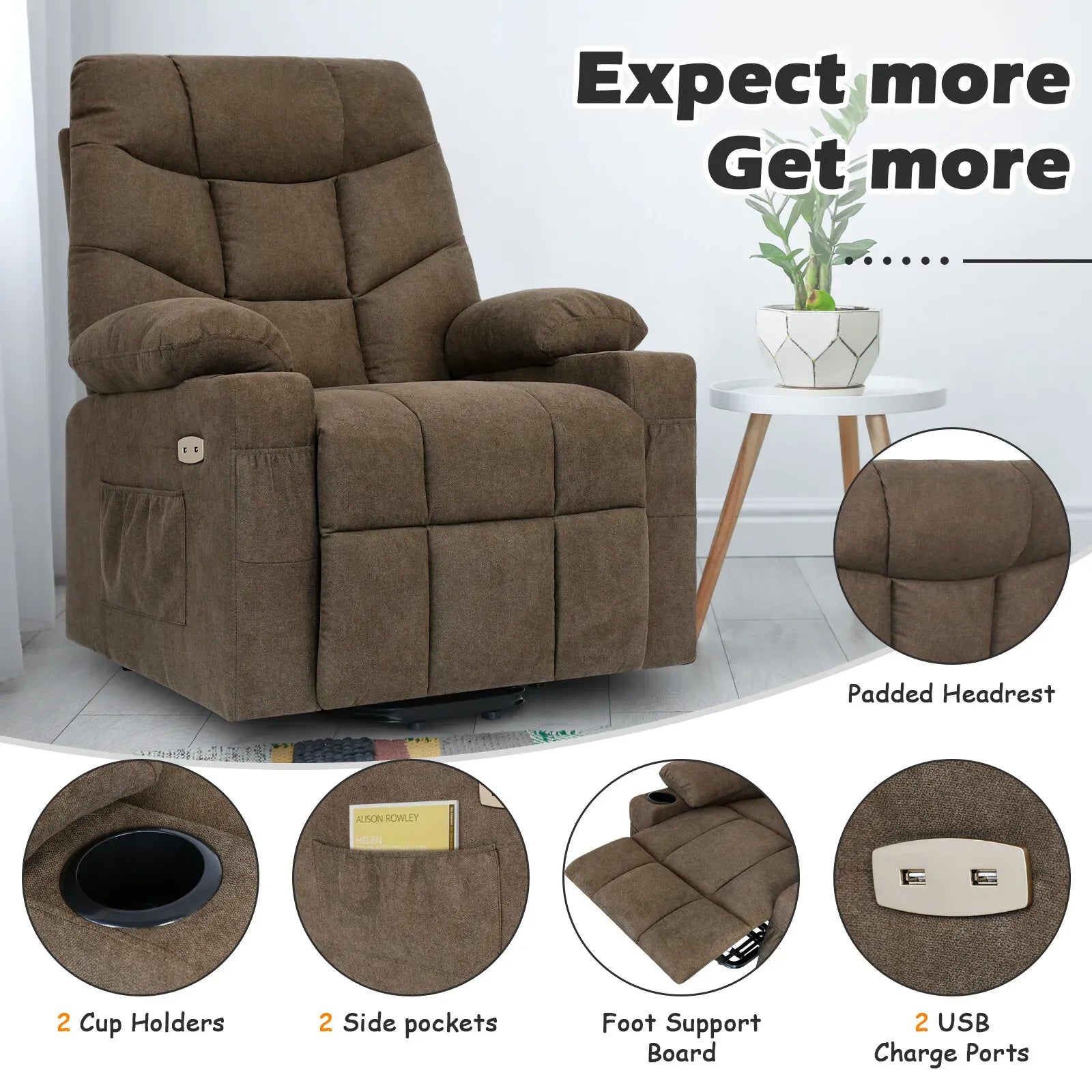 Electric Massage Recliner Chair in Brown with Heated Vibration and Lift Function, 108x100x85cm