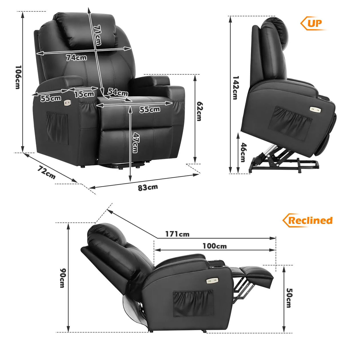 Electric Massage Recliner Chair in Brown with Heated Vibration and Lift Function, 108x100x85cm