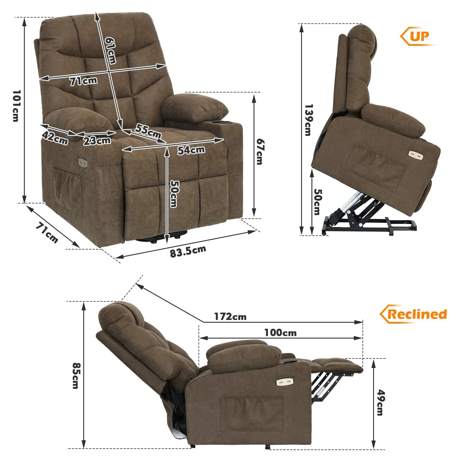 Electric Massage Recliner Chair in Brown with Heated Vibration and Lift Function, 108x100x85cm