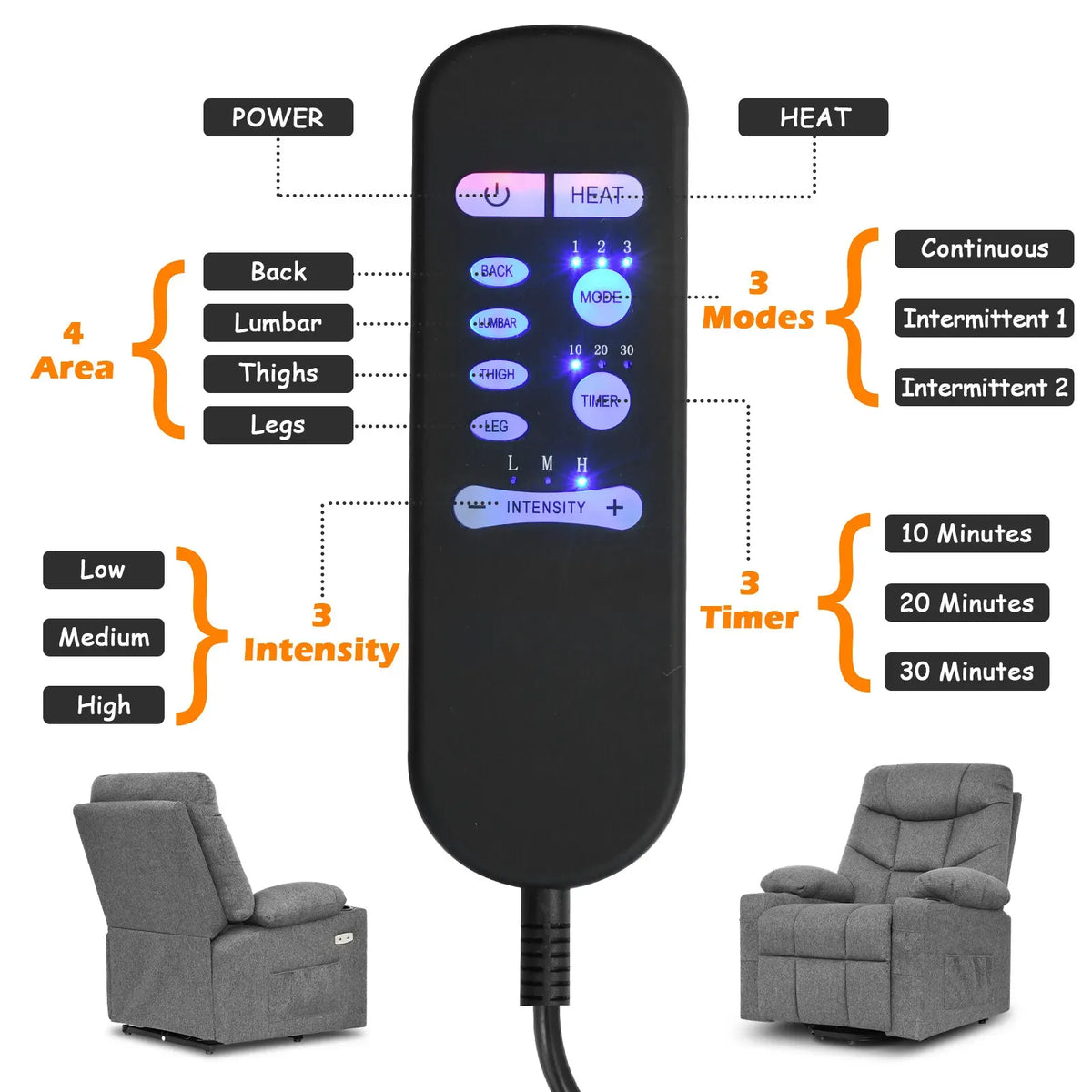 Brown Electric Massage Recliner Chair with Heat and Vibration in Grey, 108x100x85cm