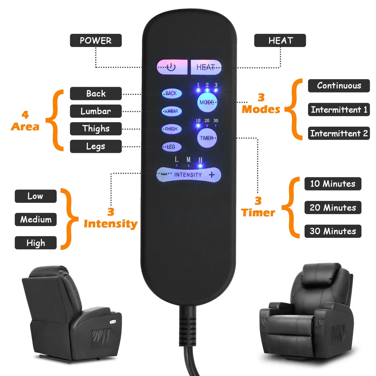 Brown Electric Massage Recliner Chair in Black with Heating and Vibration, 108x100x85cm