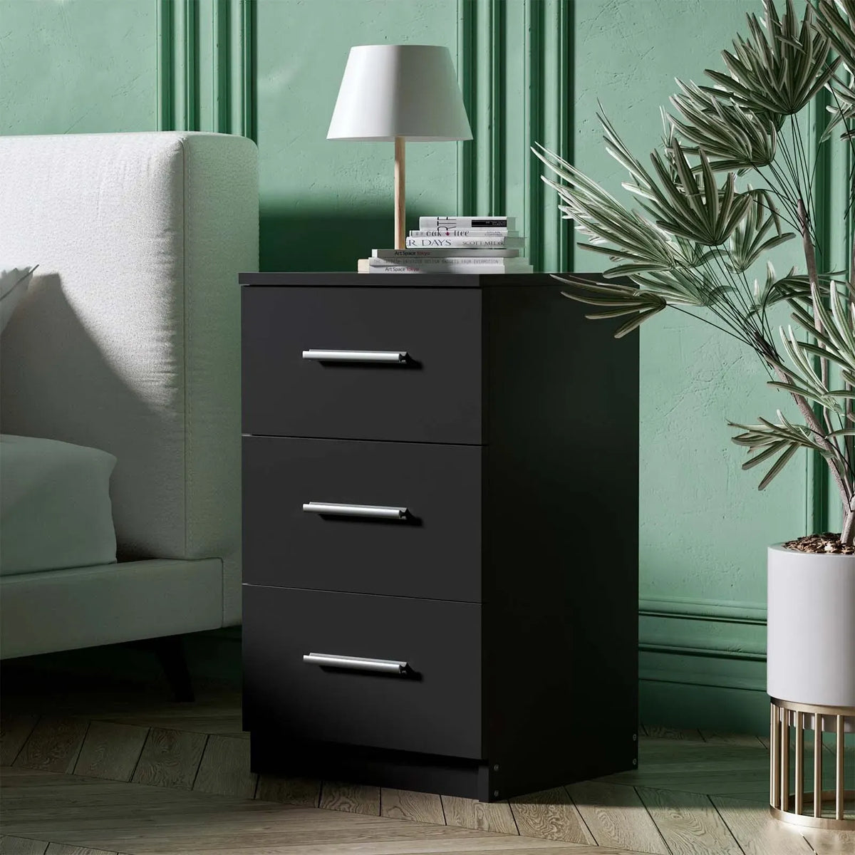 Black White Black Bedside Table with 3 Drawers, Modern Design, 38x35x66cm Storage Cabinet