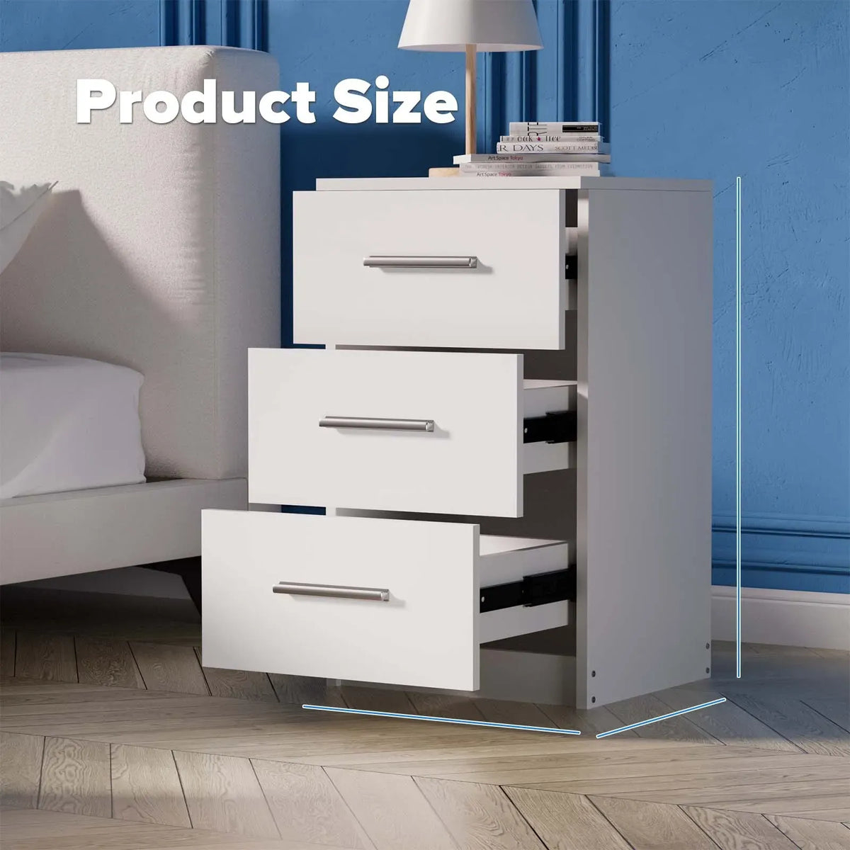 Black White Black Bedside Table with 3 Drawers, Modern Design, 38x35x66cm Storage Cabinet