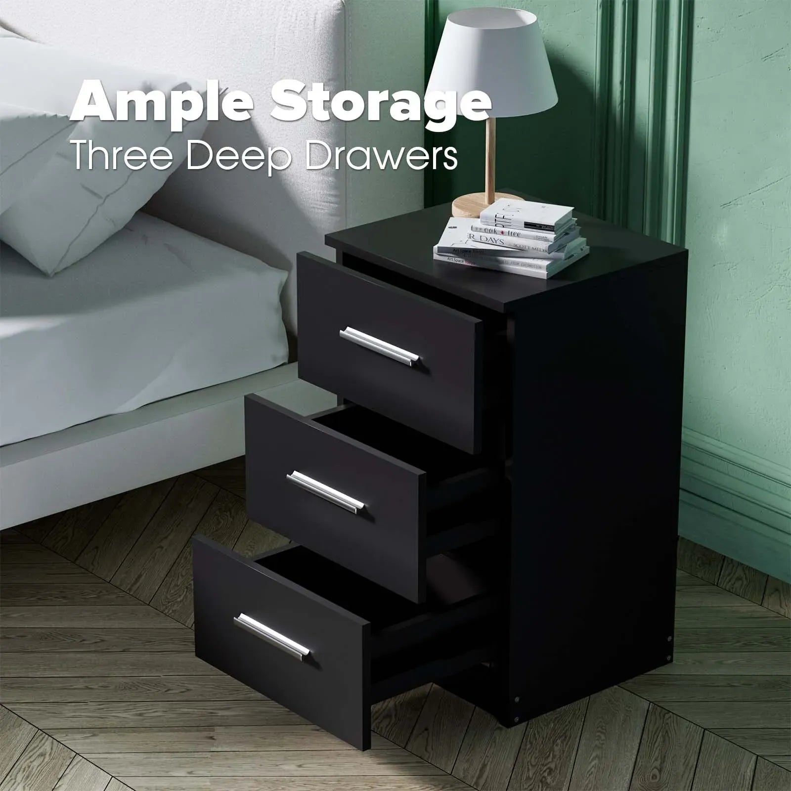 Black White Black Bedside Table with 3 Drawers, Modern Design, 38x35x66cm Storage Cabinet