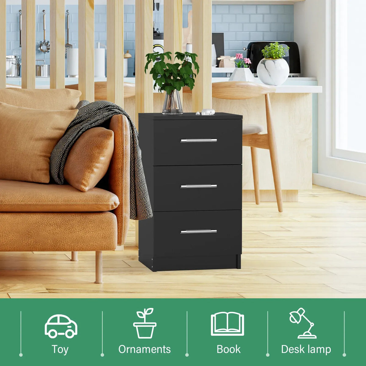 Black White Black Bedside Table with 3 Drawers, Modern Design, 38x35x66cm Storage Cabinet