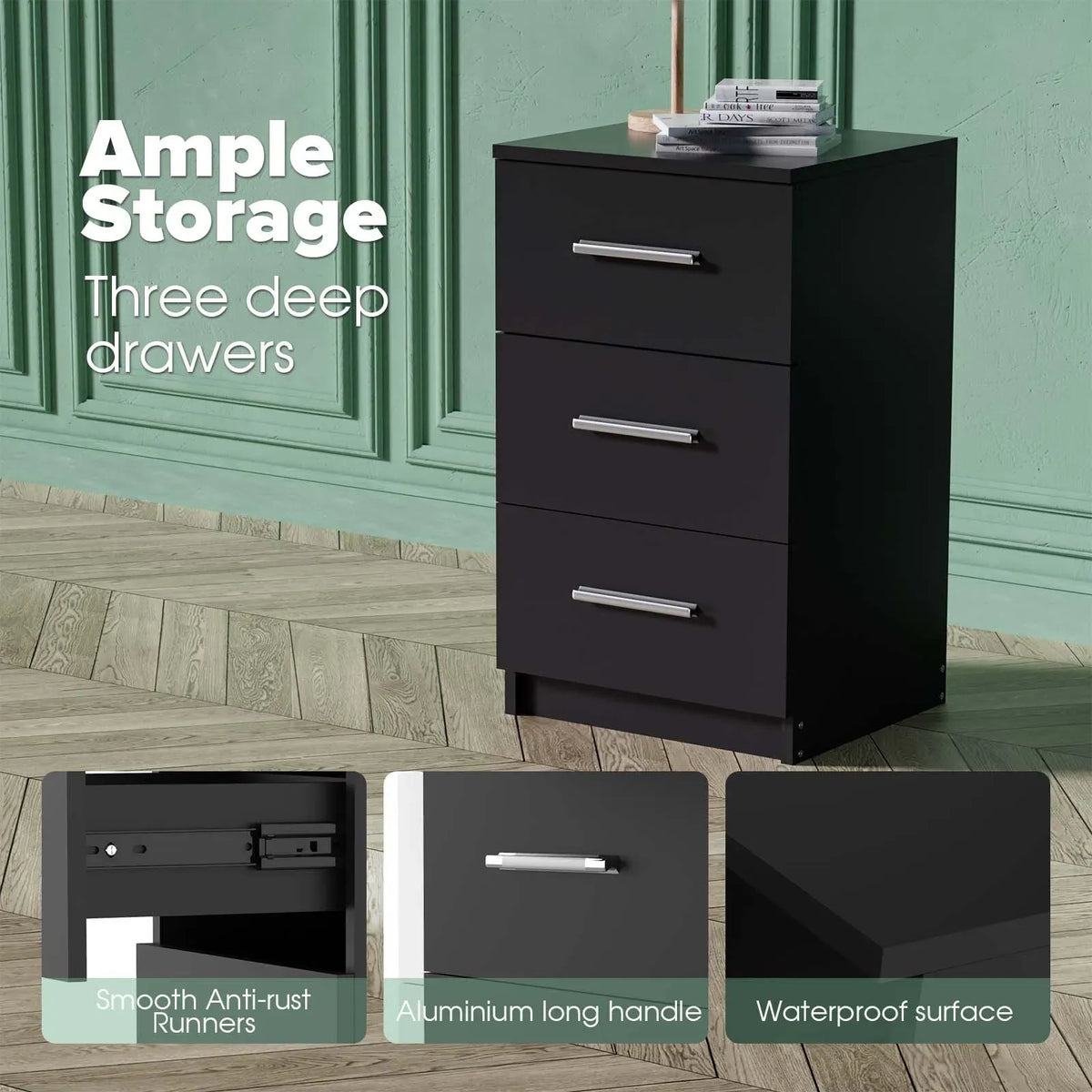 Black White Black Bedside Table with 3 Drawers, Modern Design, 38x35x66cm Storage Cabinet