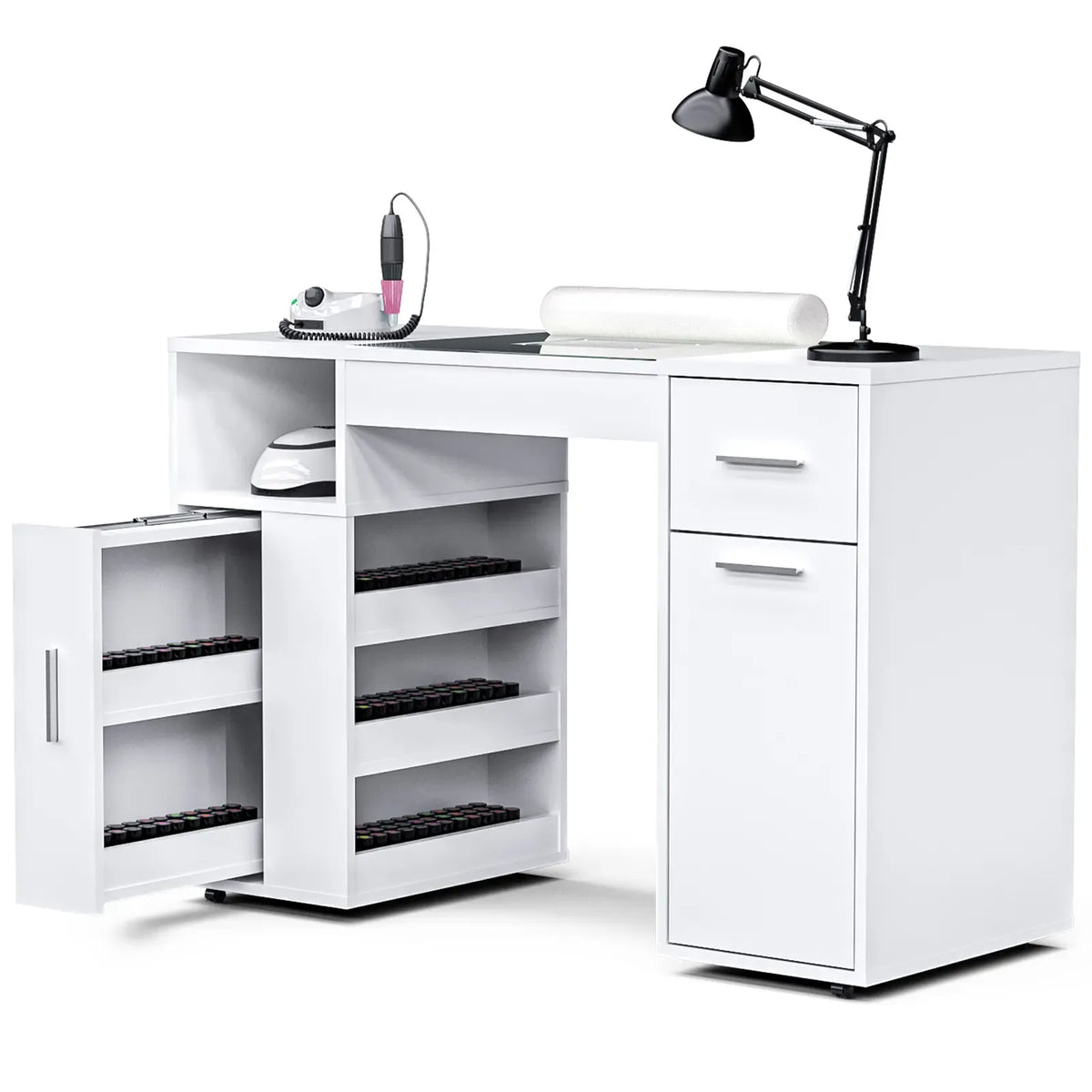 White Manicure Table with Electric Dust Collector and Storage, 108x45x77cm