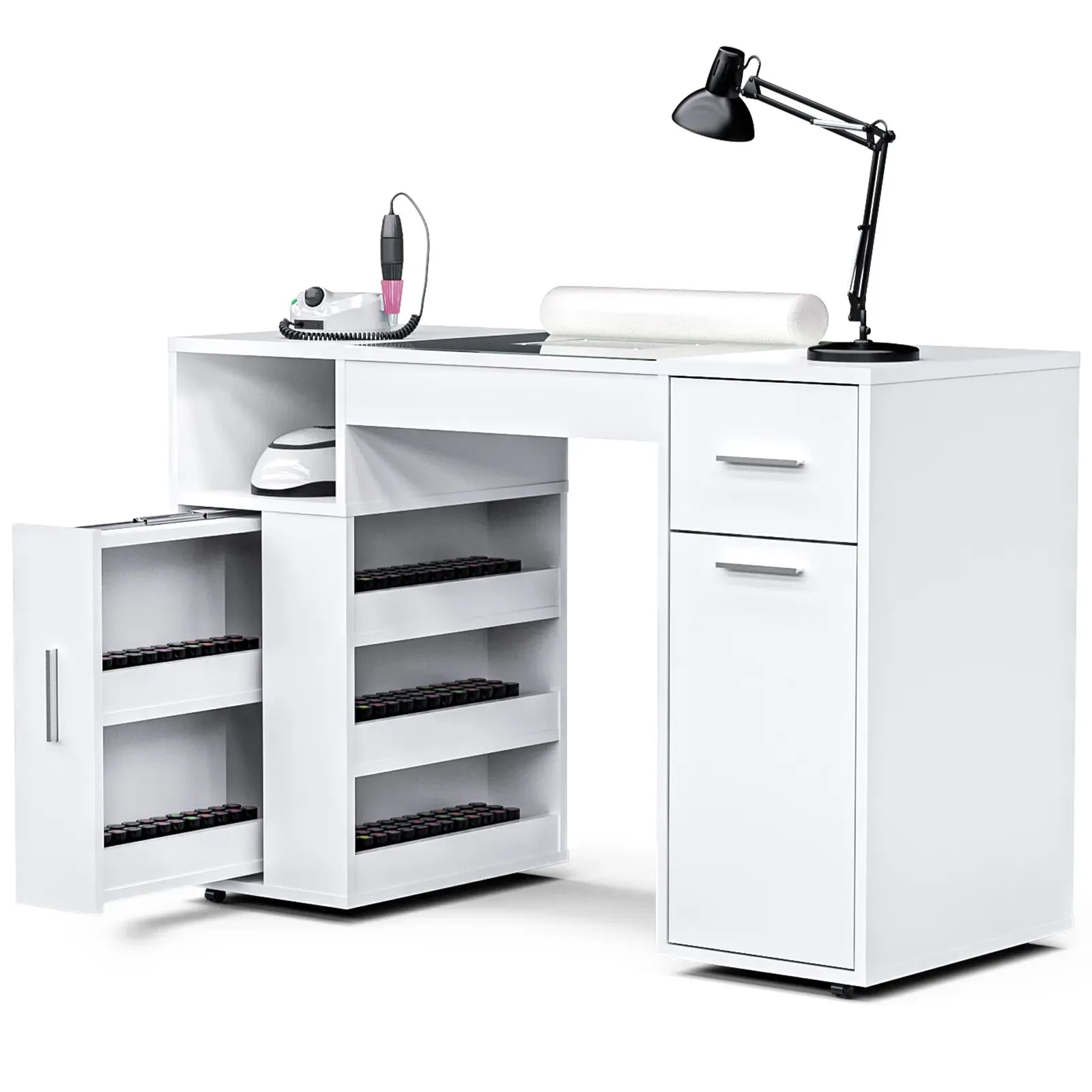 White Manicure Table with Electric Dust Collector and Storage, 108x45x77cm