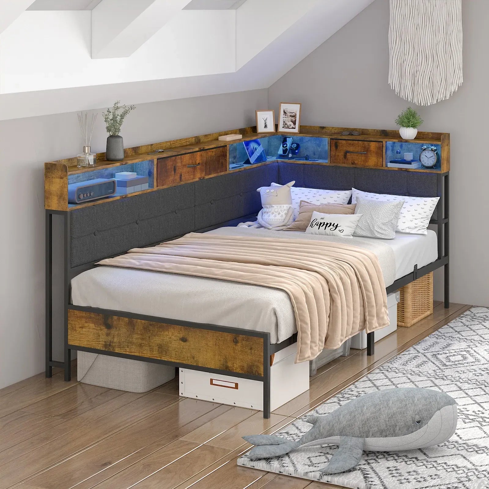 Walnut Single LED Corner Bed Frame in Black with 2 Storage Drawers and Charging Station