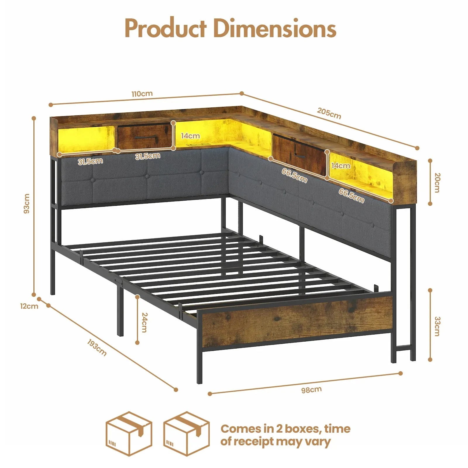 Walnut Single LED Corner Bed Frame in Black with 2 Storage Drawers and Charging Station