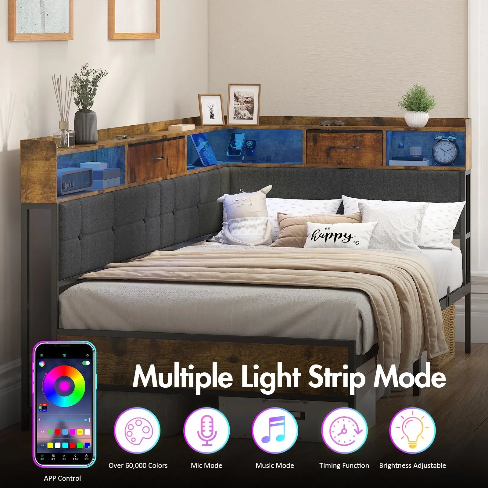 Walnut Single LED Corner Bed Frame in Black with 2 Storage Drawers and Charging Station