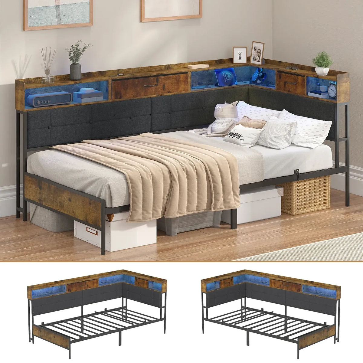 Walnut Single LED Corner Bed Frame in Black with 2 Storage Drawers and Charging Station