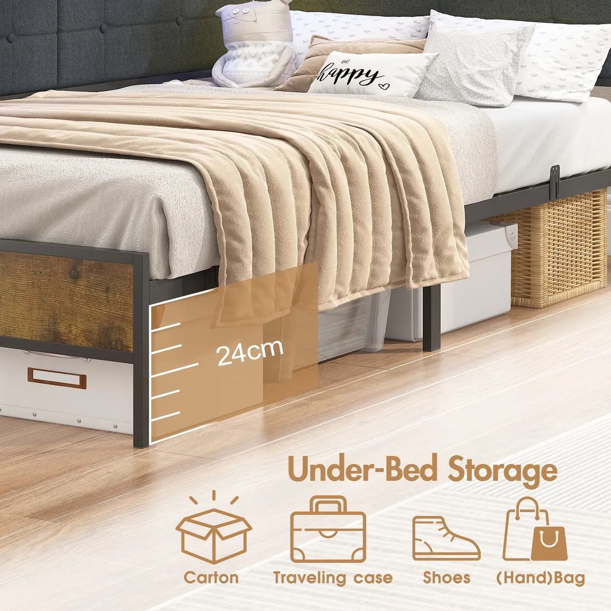 Walnut Single LED Corner Bed Frame in Black with 2 Storage Drawers and Charging Station